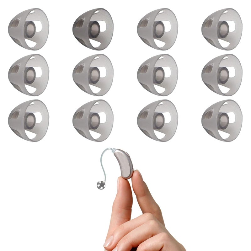 Hearing Aid Domes,12 PCS Soft Silicone Hearing Aid Open Domes,12mm Hearing Aids Earbuds,Transparent Black Ear Tips Replacement, Hearing Aid Domes for Phonak Oticon Signia Oticon Hearing Aidï¼ˆSize Lï¼‰